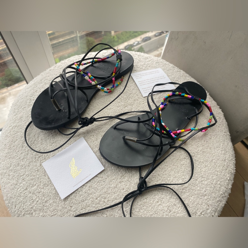 Ancient Greek Sandals Black with Multicolor Beads